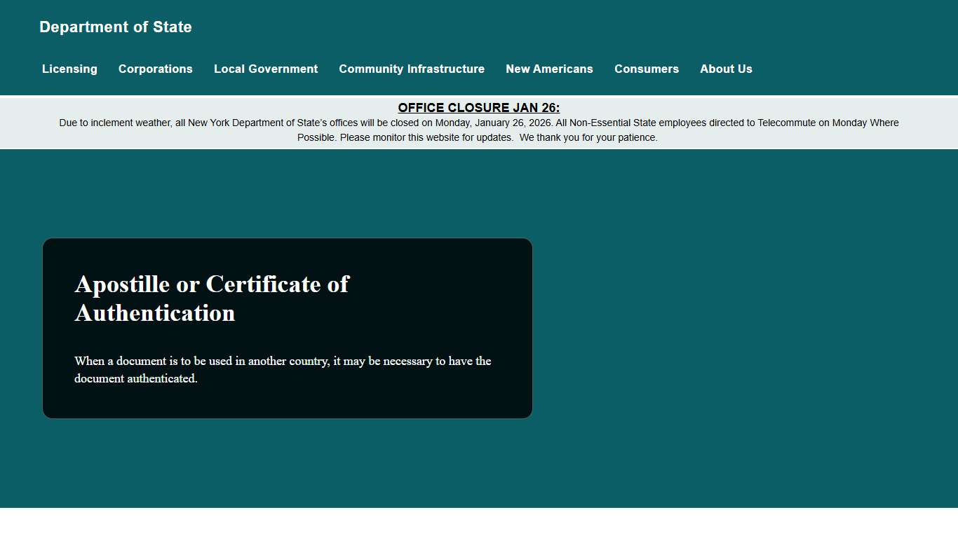 Apostille or Certificate of Authentication Department of State