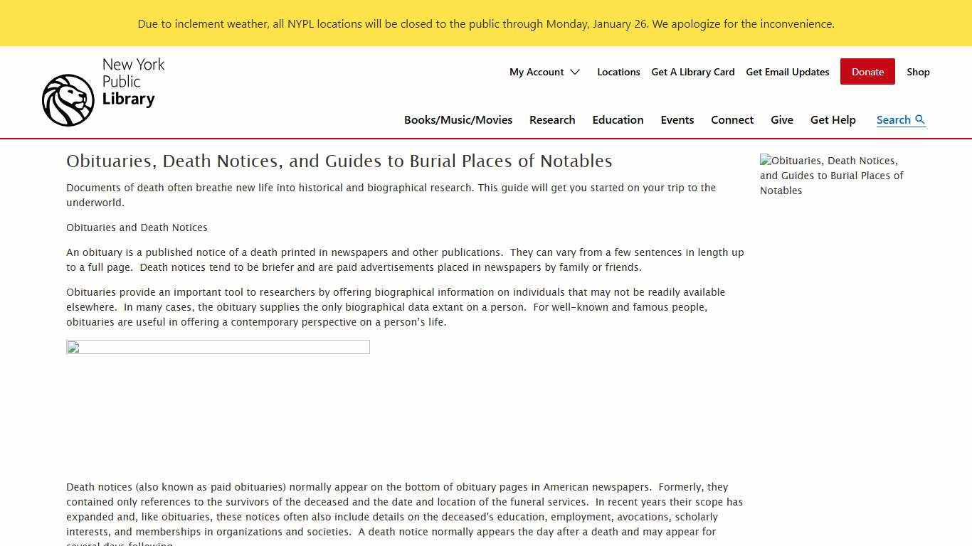 Obituaries, Death Notices, and Guides to Burial Places of Notables The New York Public Library